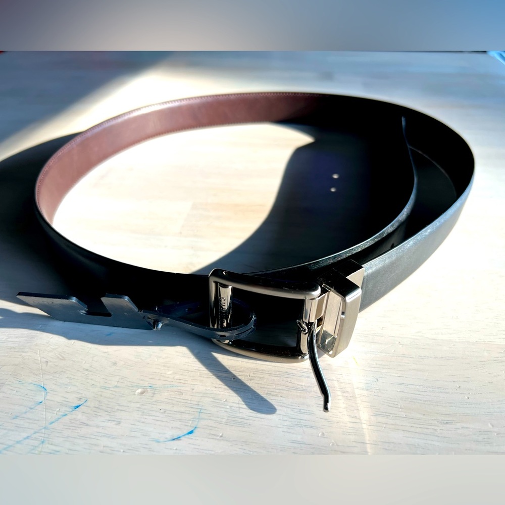 Black dress belt with chrome buckle